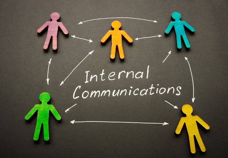Internal communications words and arrows connected figures.