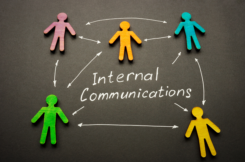 Internal communications words and arrows connected figures.